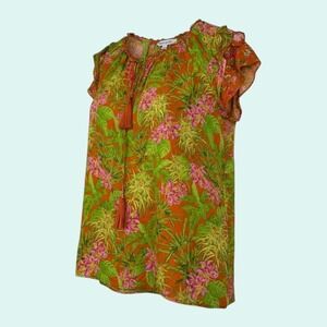 ROSE+OLIVE Women's Top Orange Green Pink L Floral Ruffle Cap Sleeve Tassel Tie